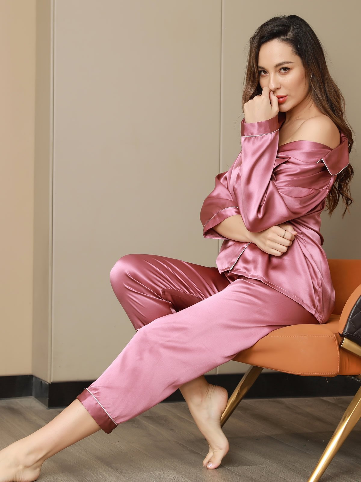 SilkSilky-UK Pure Silk Long Sleeve Lapel Women's Pyjamas PaleMauve 006