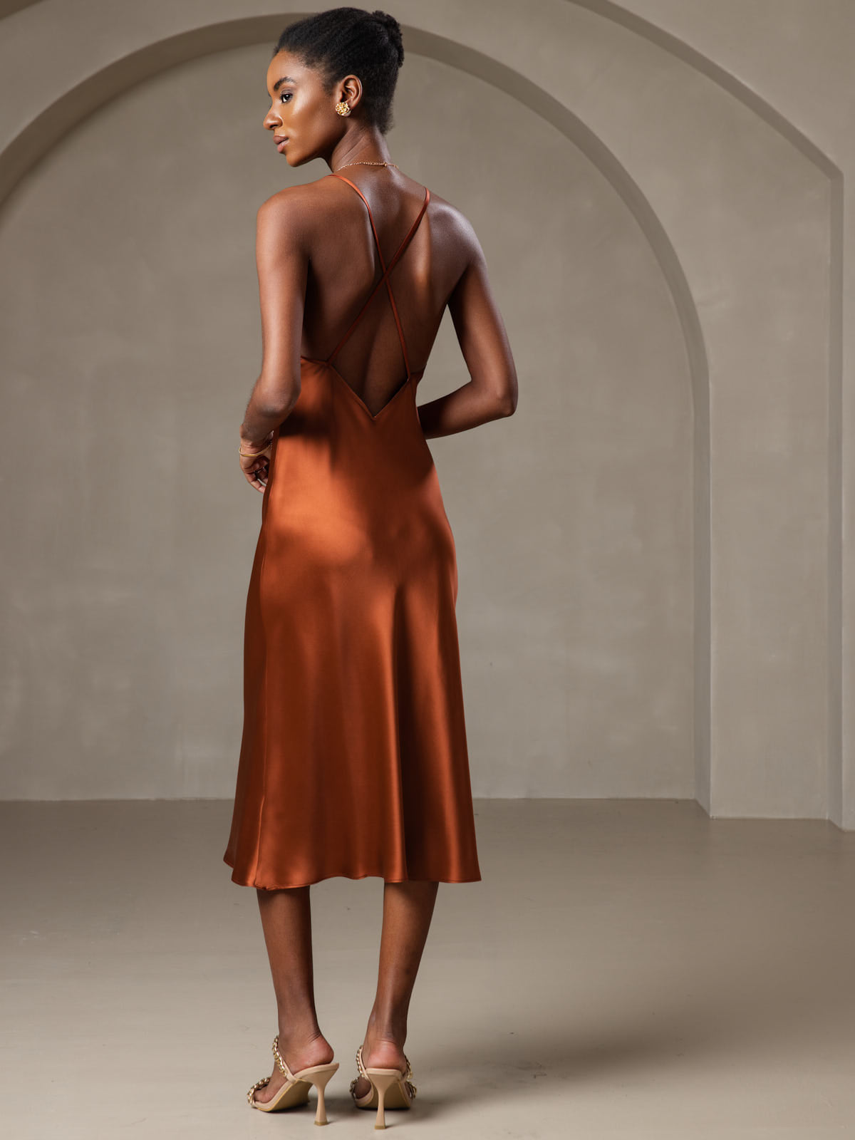 SilkSilky-UK Pure Silk Sleeveless V Neck Dress Caramel 004