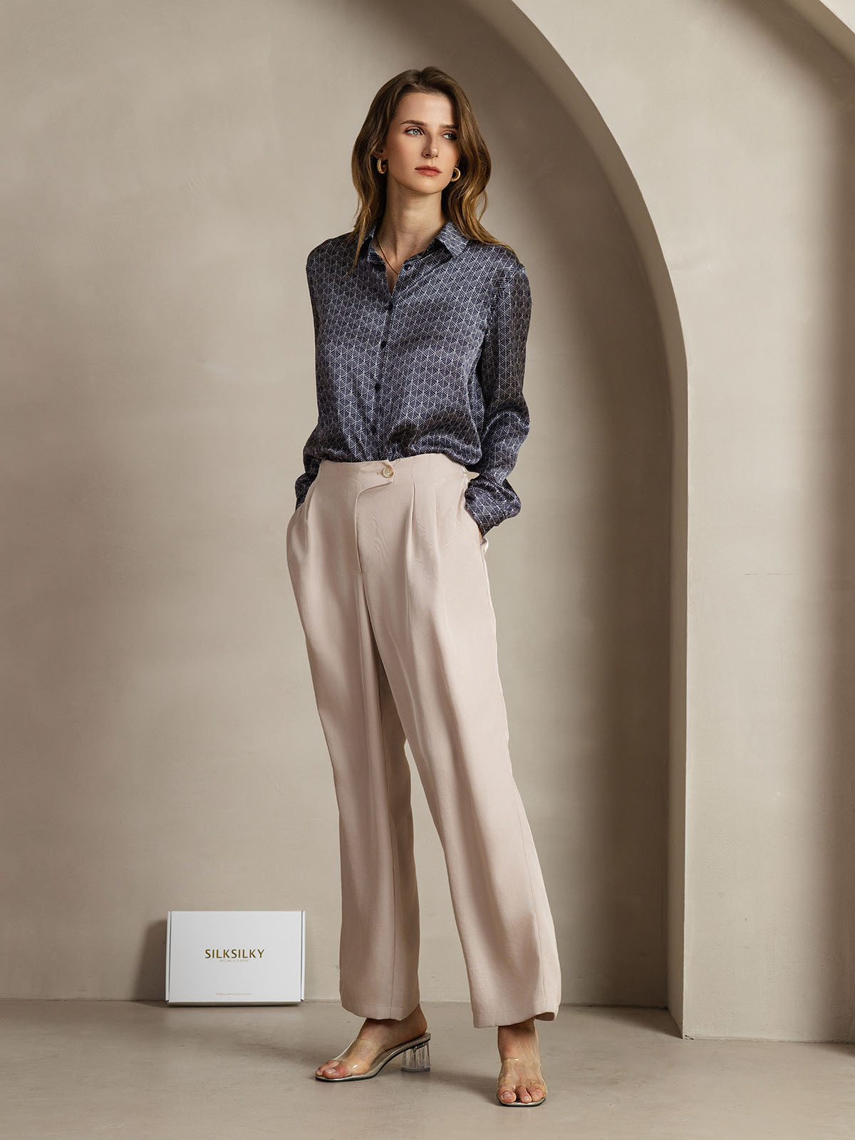 [Navy Ginkgo] SilkSilky-UK Silk Long Sleeve Collar Women's Shirt 003