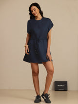 [Dark Blue] SilkSilky-UK 18Momme Silk Satin Surah Cap Sleeve Henley Neck Dress 006