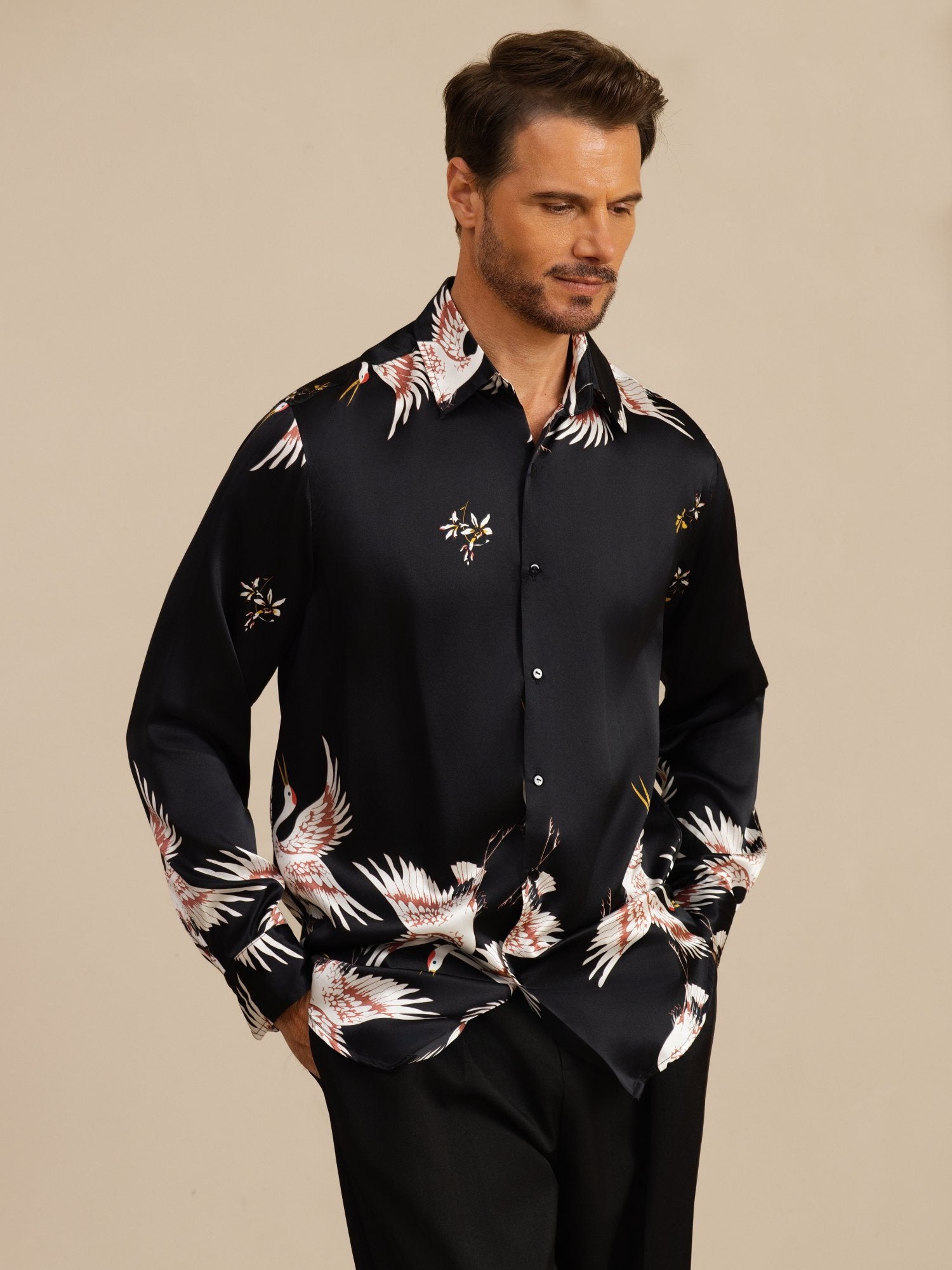 [Black] SilkSilky-UK 19Momme Long Sleeve Lapel Collar Men's Shirt 004