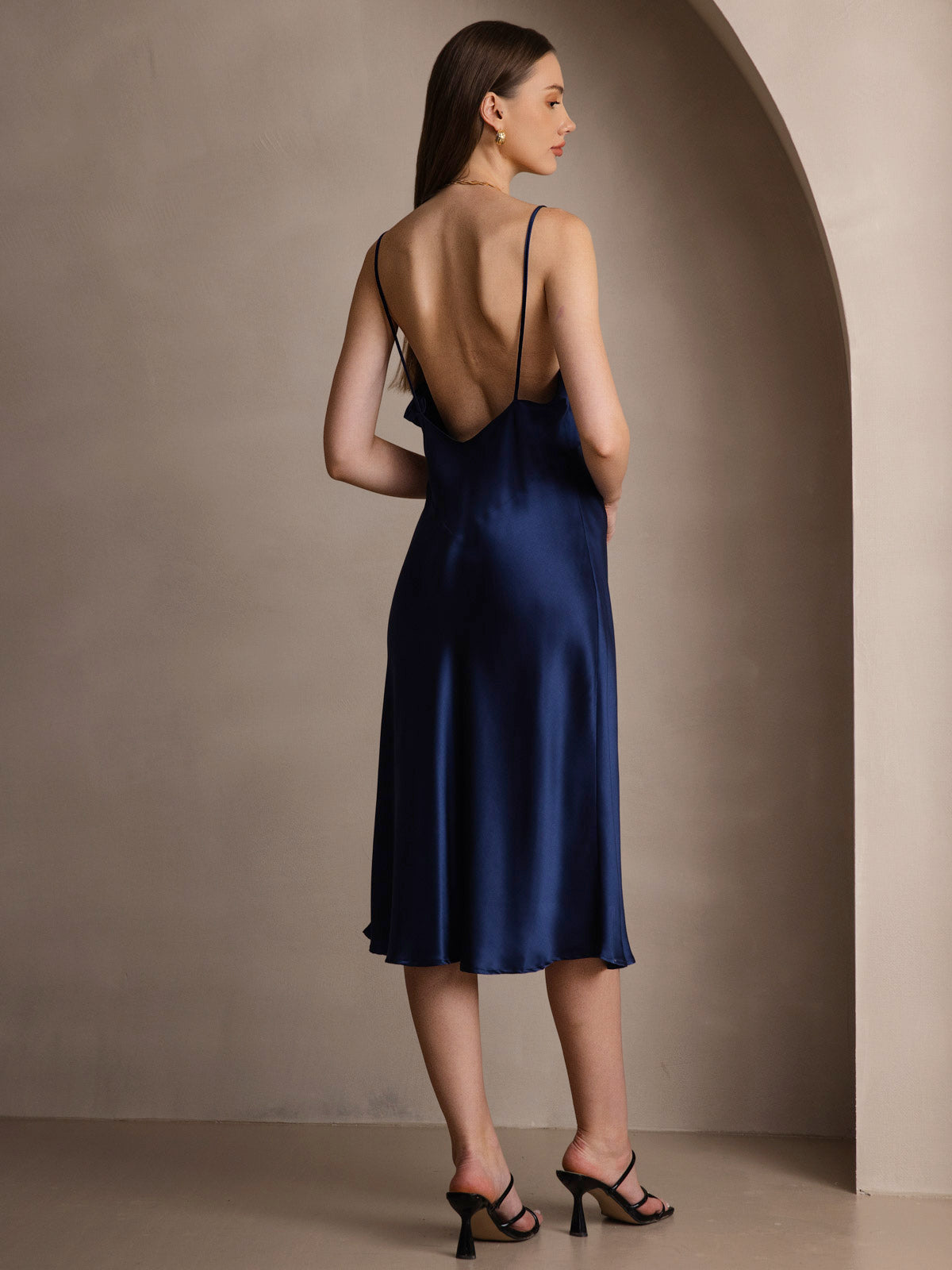 [Dark Blue] SilkSilky-UK 19Momme Pure Silk V Neck Dress 002