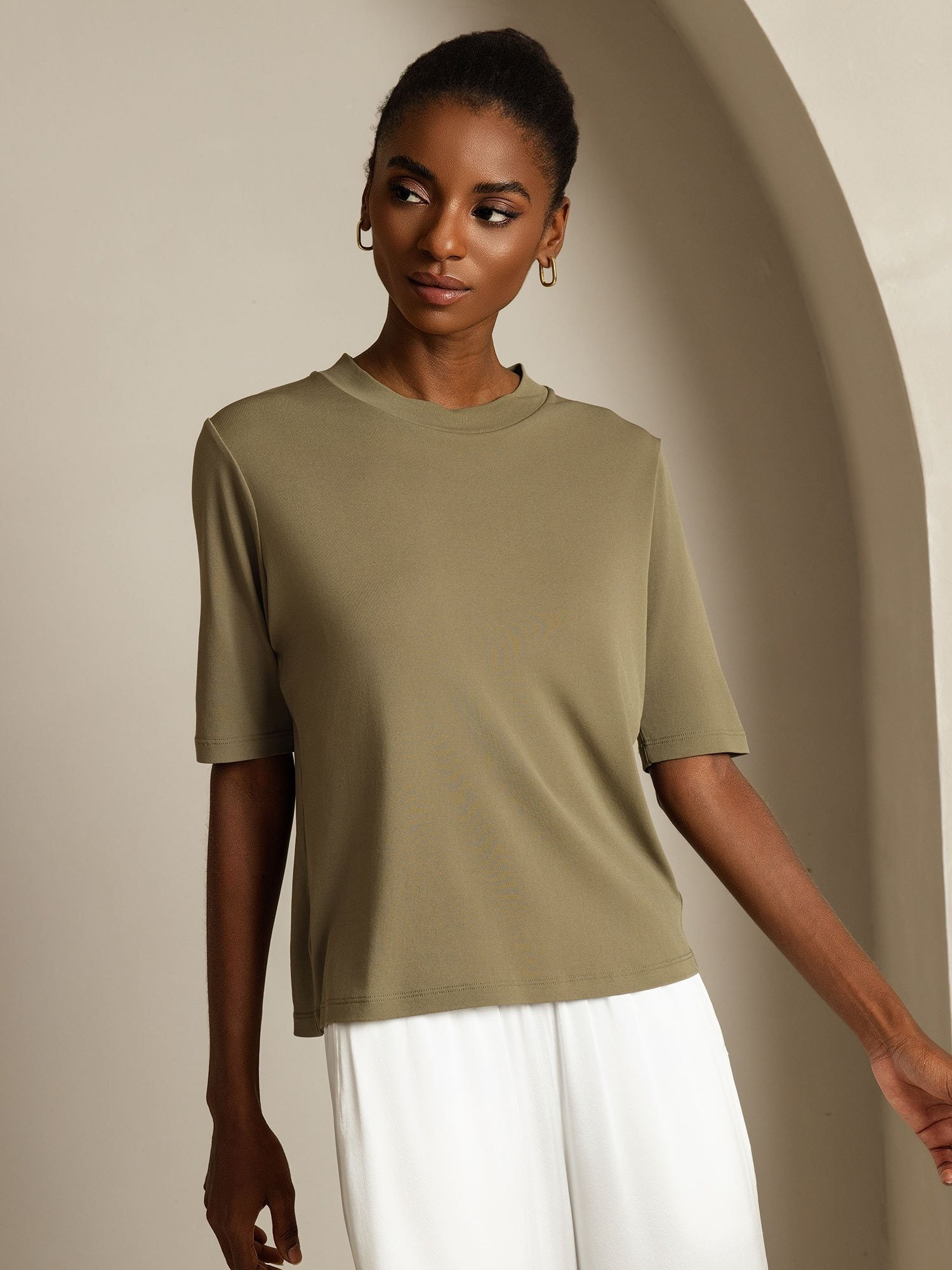 [Burnt Olive] SilkSilky-UK Pure Silk Round Neck Women's T-Shirt 007