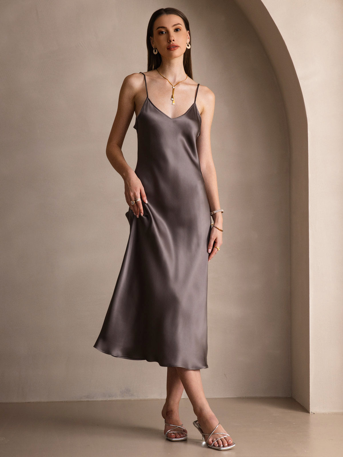 [Dark Khaki] SilkSilky-UK Spaghetti Strap V Neck Dress 001