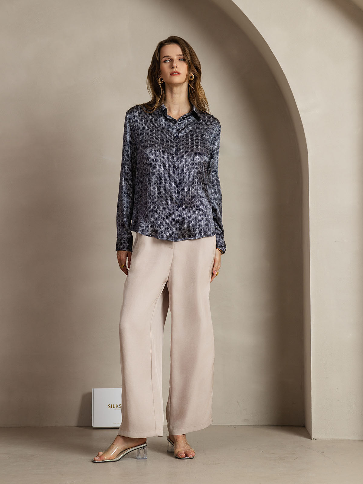 [Navy Ginkgo] SilkSilky-UK Silk Collar Women's Shirt 007