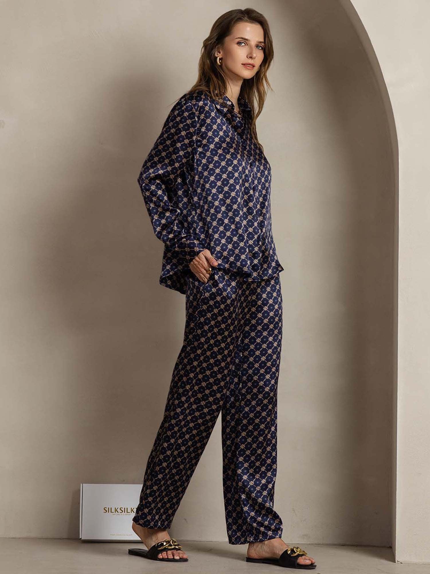 [NavyChain] SilkSilky-UK 19Momme Silk Collar Women''s Outfit Sets 004