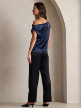 [Dark Blue] SilkSilky-UK 19Momme Sleeveless One Shoulder Women's T-Shirt 002