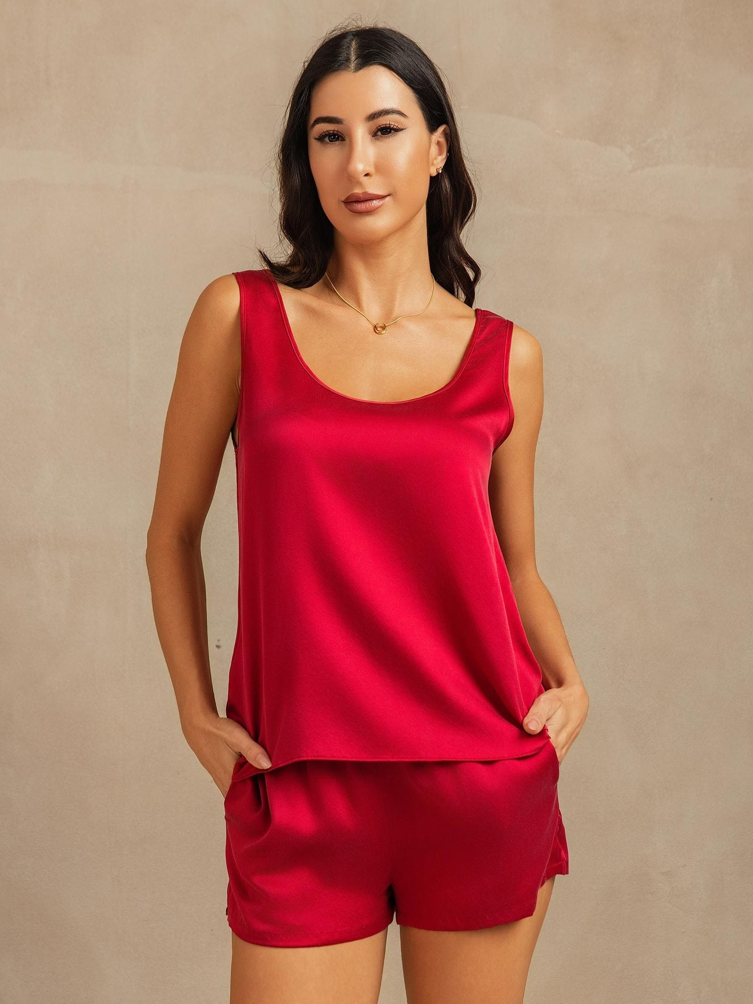 [Wine] SilkSilky-UK 19Momme Washable Silk U Neck Women's Pyjamas 001