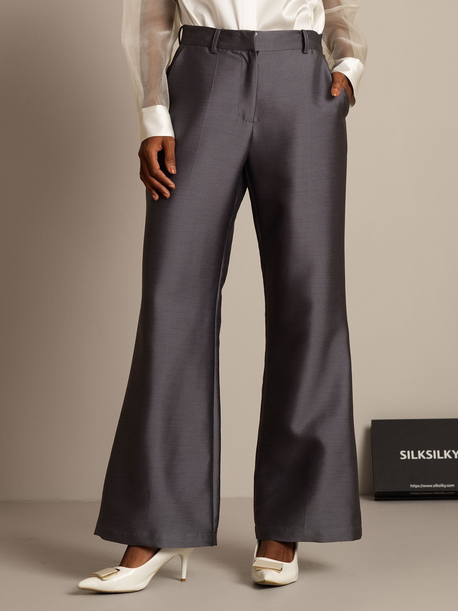 [Gray] SilkSilky-UK 32Momme Silk-Wool Blend Womens Pants 001,