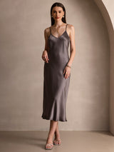 [Dark Khaki] SilkSilky-UK Spaghetti Strap V Neck Dress 003