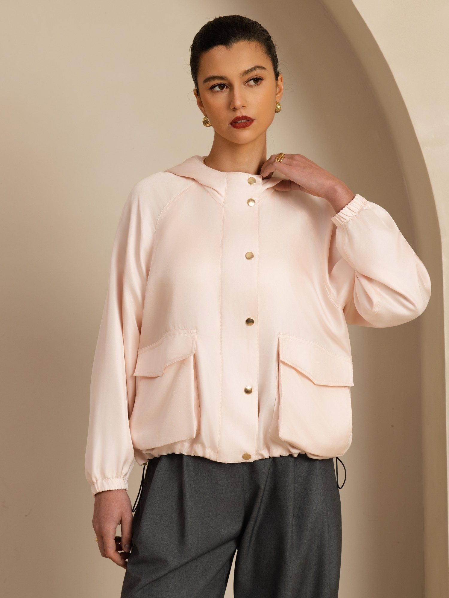 [Pink] SilkSilky-UK Silk Satin Surah Long Sleeve High Neck Women's Outerwear 003