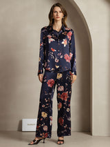 [Navy Floral] SilkSilky-UK 19Momme Silk Collar Women''s Outfit Sets 001