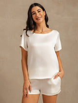 [White] SilkSilky-UK 19Momme Machine-Washable Silk Short Sleeve Round Neck Women's Pyjamas 007