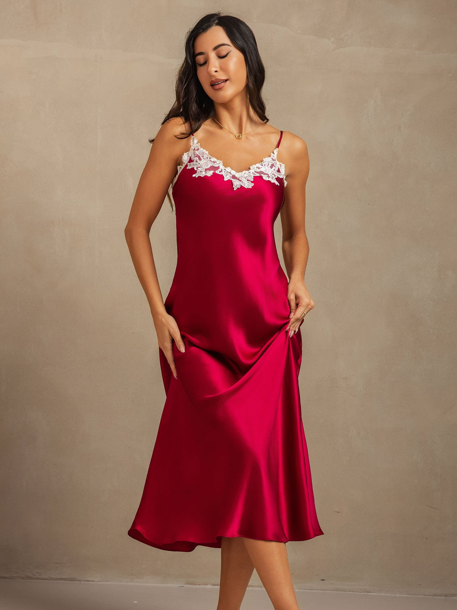 [Wine] SilkSilky-UK 19Momme Pure Silk V Neck Dress 001