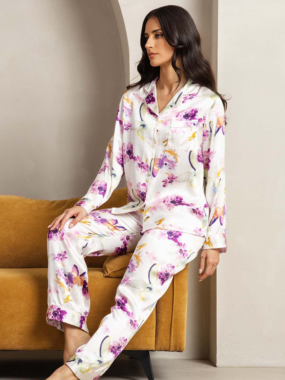 [Watercolor Floral] SilkSilky-UK Pure Silk Womens Pajamas 005