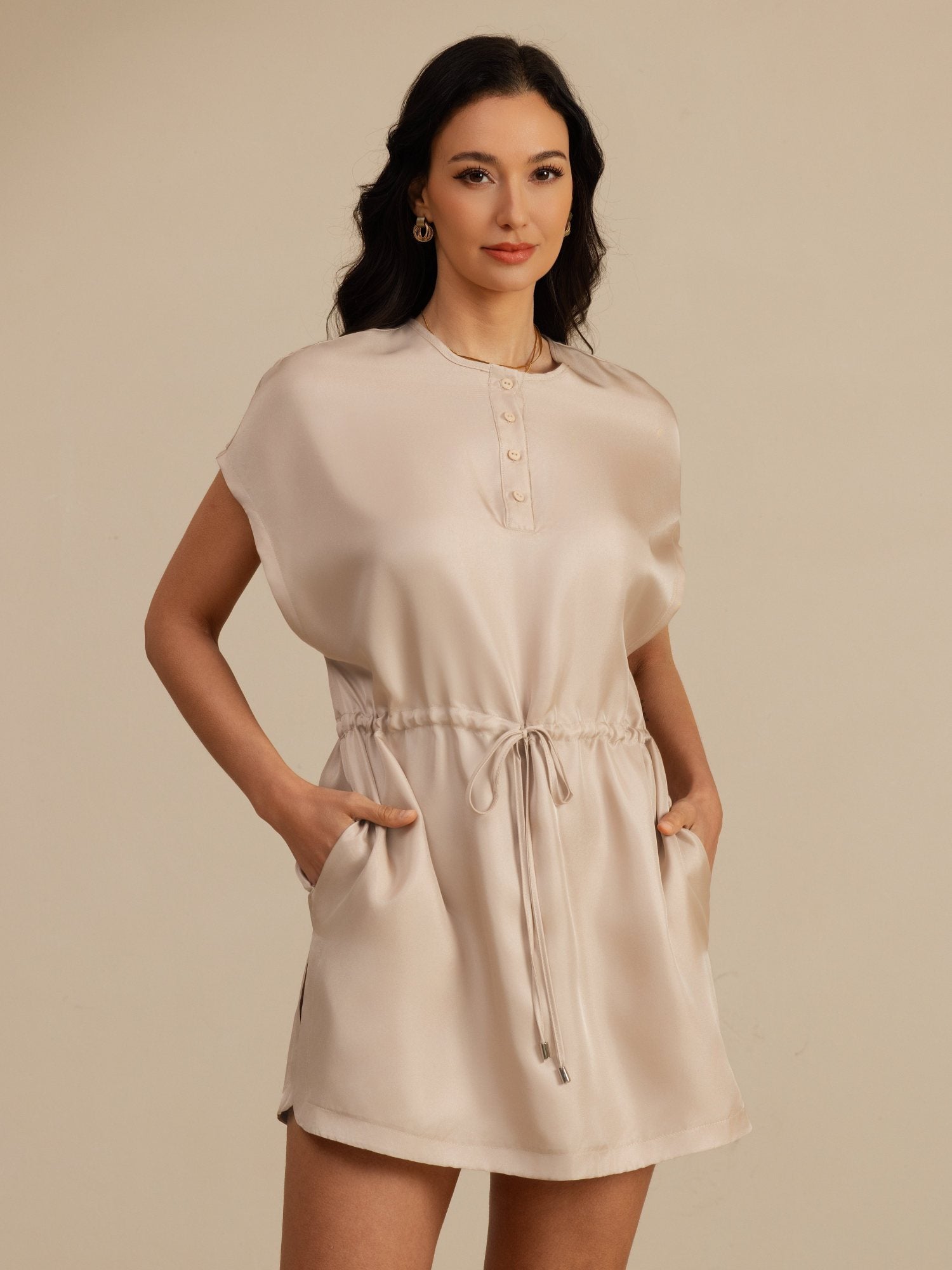 [Tan] SilkSilky-UK 18Momme Silk Satin Surah Cap Sleeve Henley Neck Dress 001