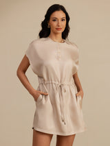 [Tan] SilkSilky-UK 18Momme Silk Satin Surah Cap Sleeve Henley Neck Dress 001