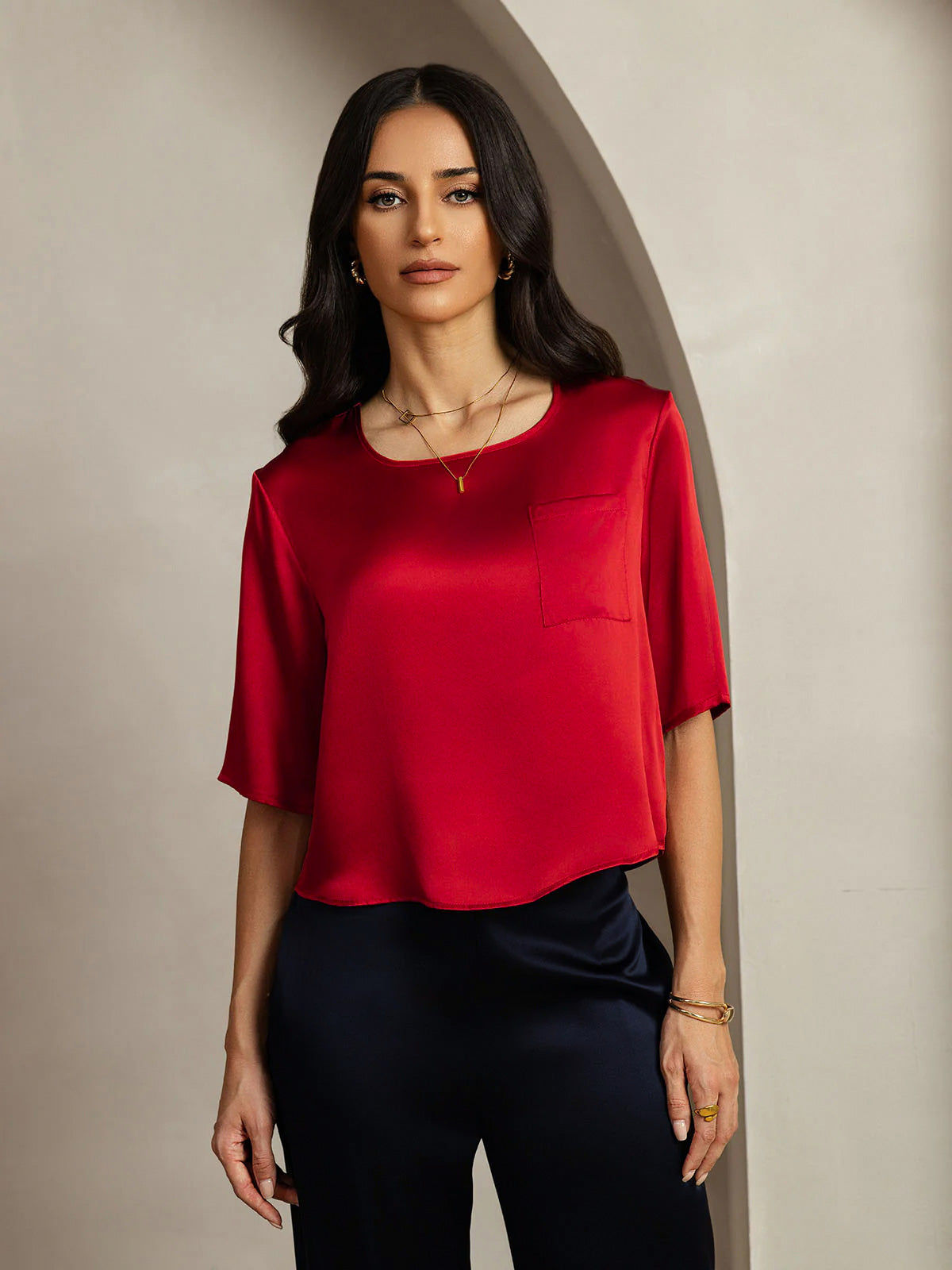 [Dark Red] SilkSilky-UK Pure Silk Boat Neck Women's T-Shirt 003