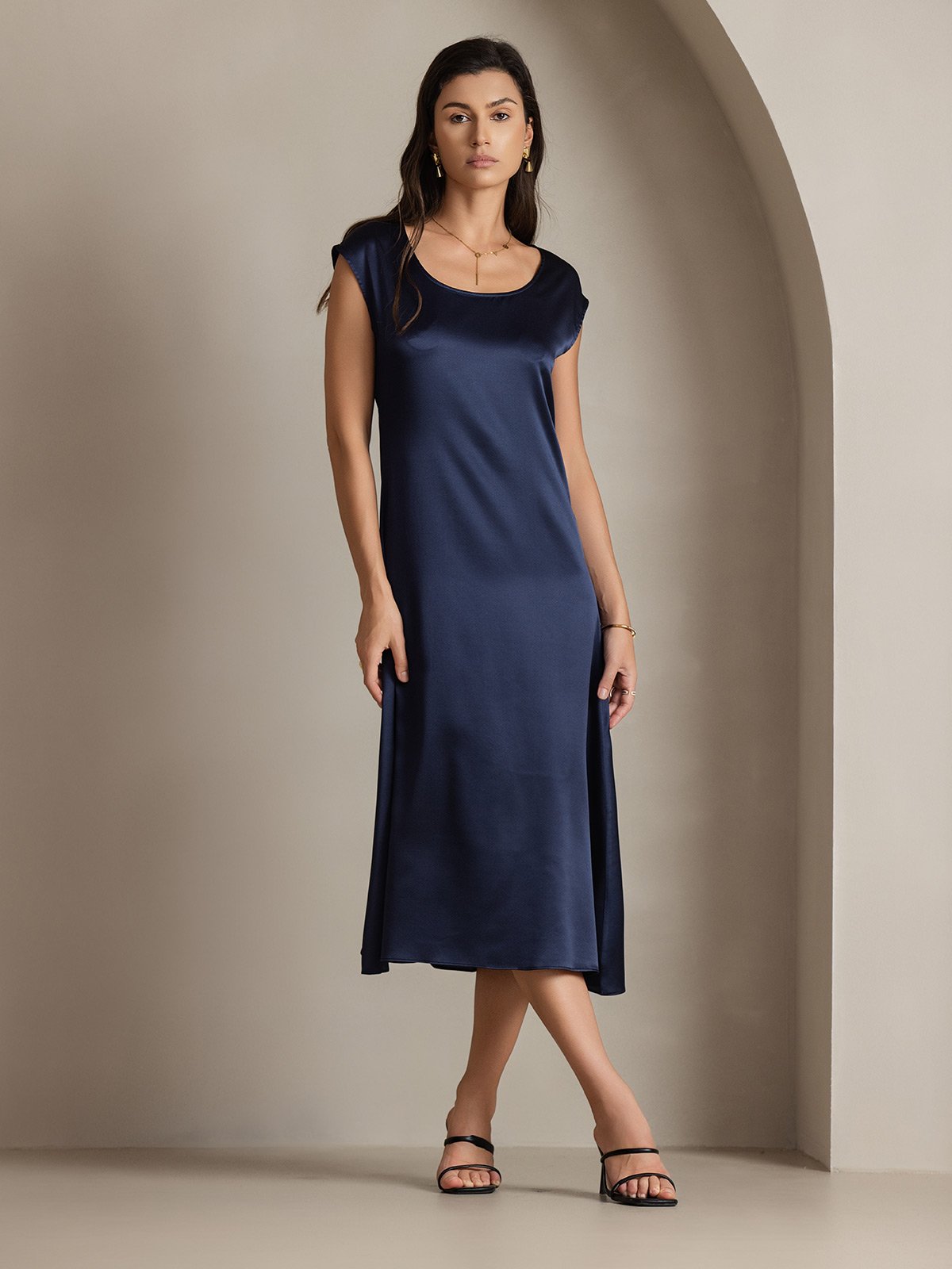 [Dark Blue] SilkSilky-UK 19Momme Silk Cap Sleeve Round Neck Dress 004