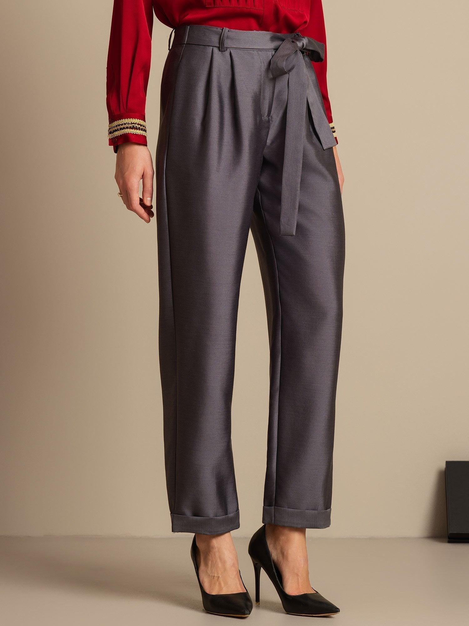 [Gray] SilkSilky-UK 32Momme Silk-Wool Blend Womens Pants 003,