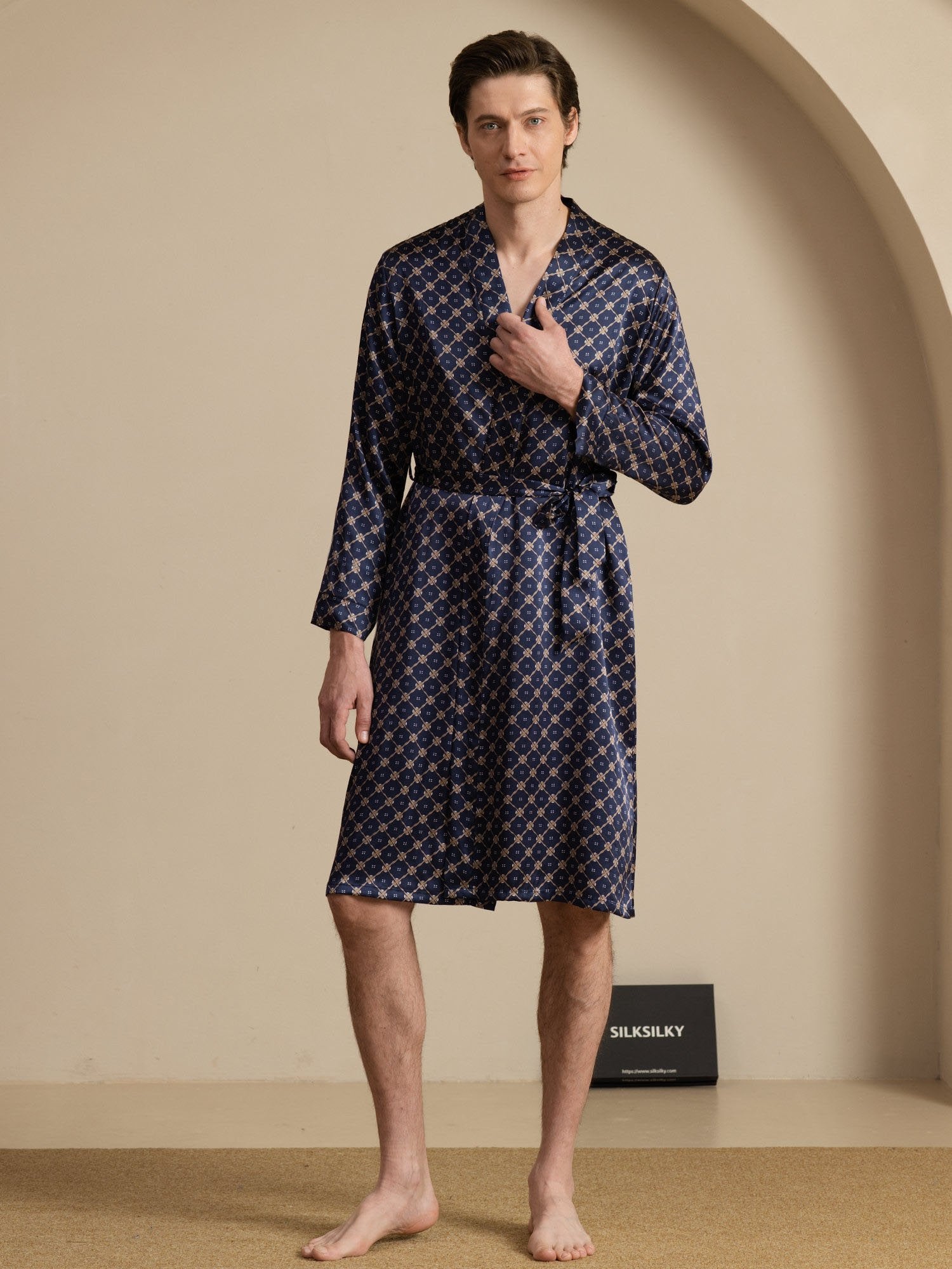 [Navy Chain] SilkSilky-UK Long Sleeve Mens Robe 001