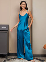 [Teal] SilkSilky-UK Spaghetti Strap V Neck Camisole Set 004