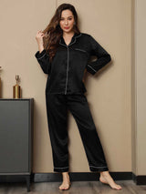 [Black] SilkSilky-UK Long Sleeve Lapel Collar Women's Pyjamas 003