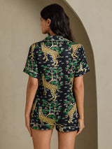 [Black Serval] SilkSilky-UK Short Sleeve Notch Collar Women's Pyjamas 002