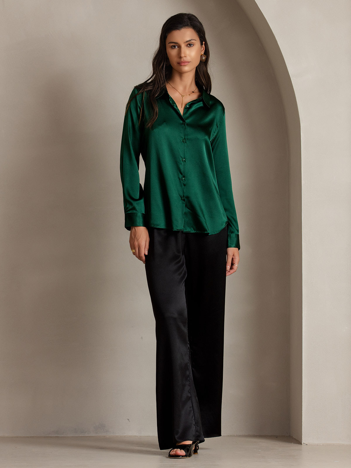 SilkSilky-UK Silk Long Sleeve Collar Women's Shirt DarkGreen 005