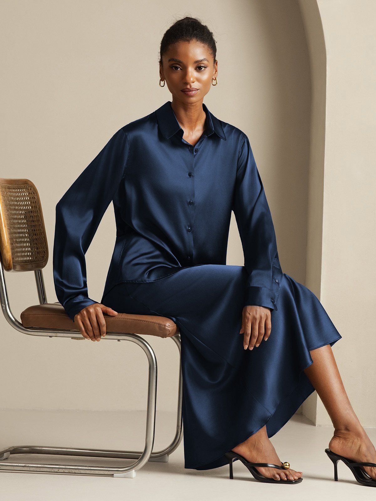 [Dark Blue] SilkSilky-UK 19Momme Silk Knitted Collar Women''s Outfit Sets 001,