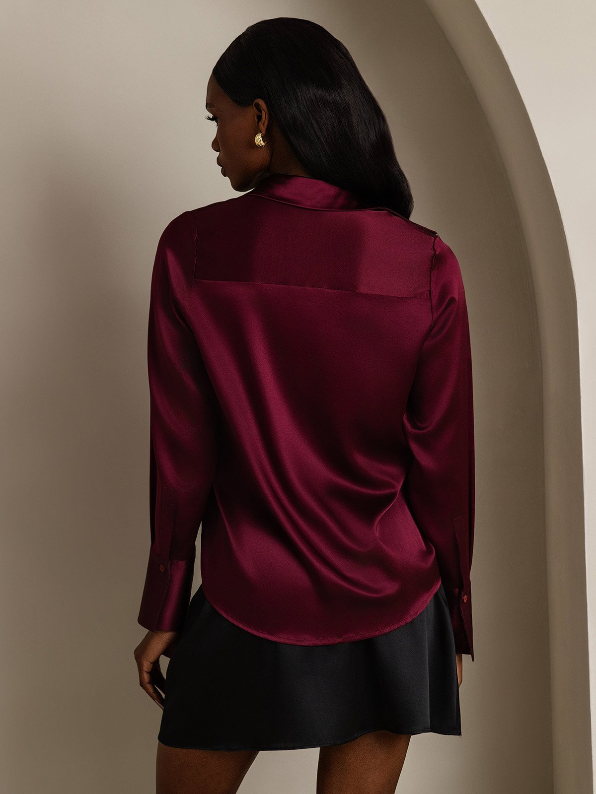 SilkSilky-UK 19Momme Silk Long Sleeve Collar Women's Shirt DarkRed 002