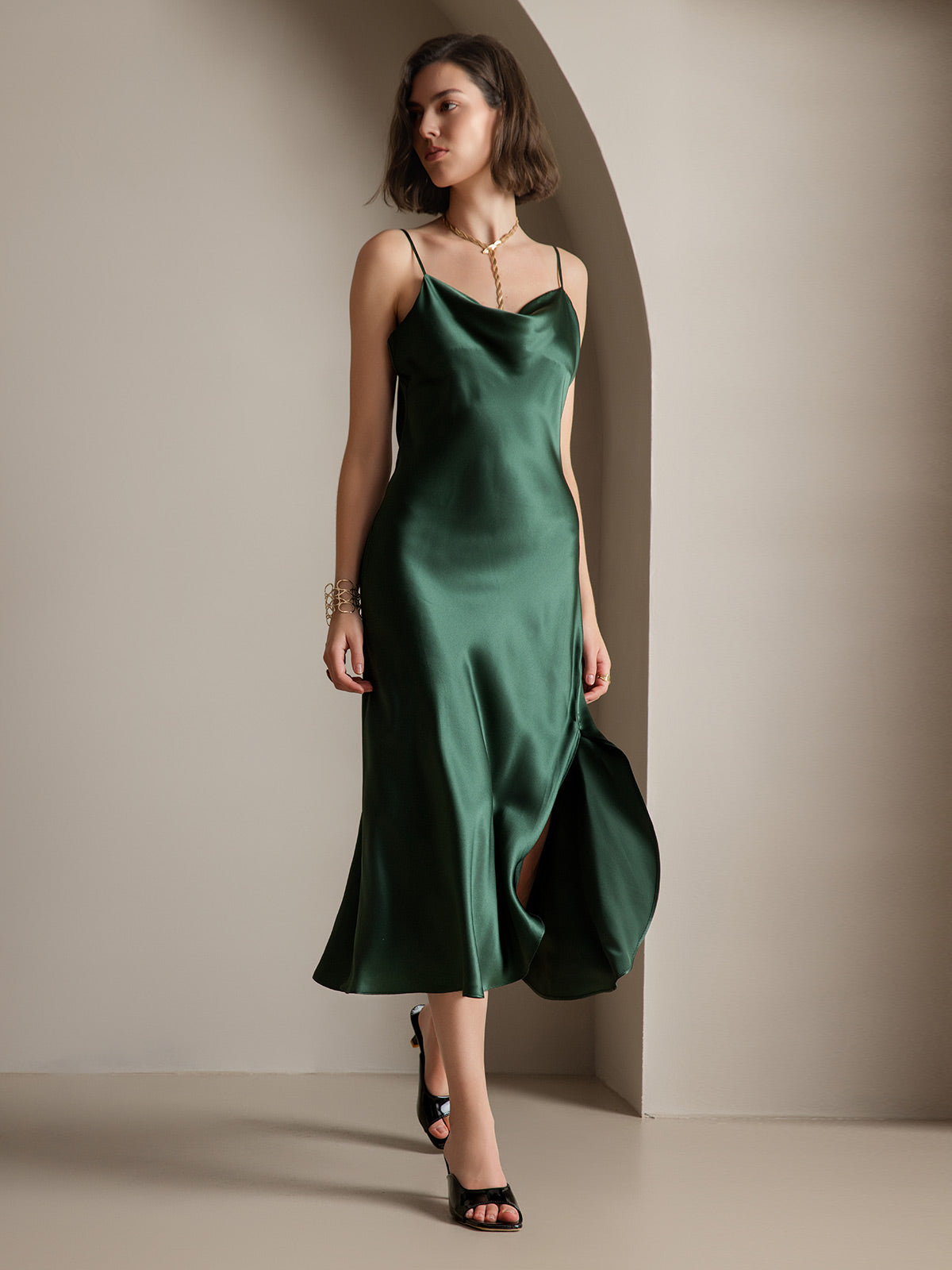 [Dark Green] SilkSilky-UK 19Momme Pure Silk Cowl Neck Dress 001