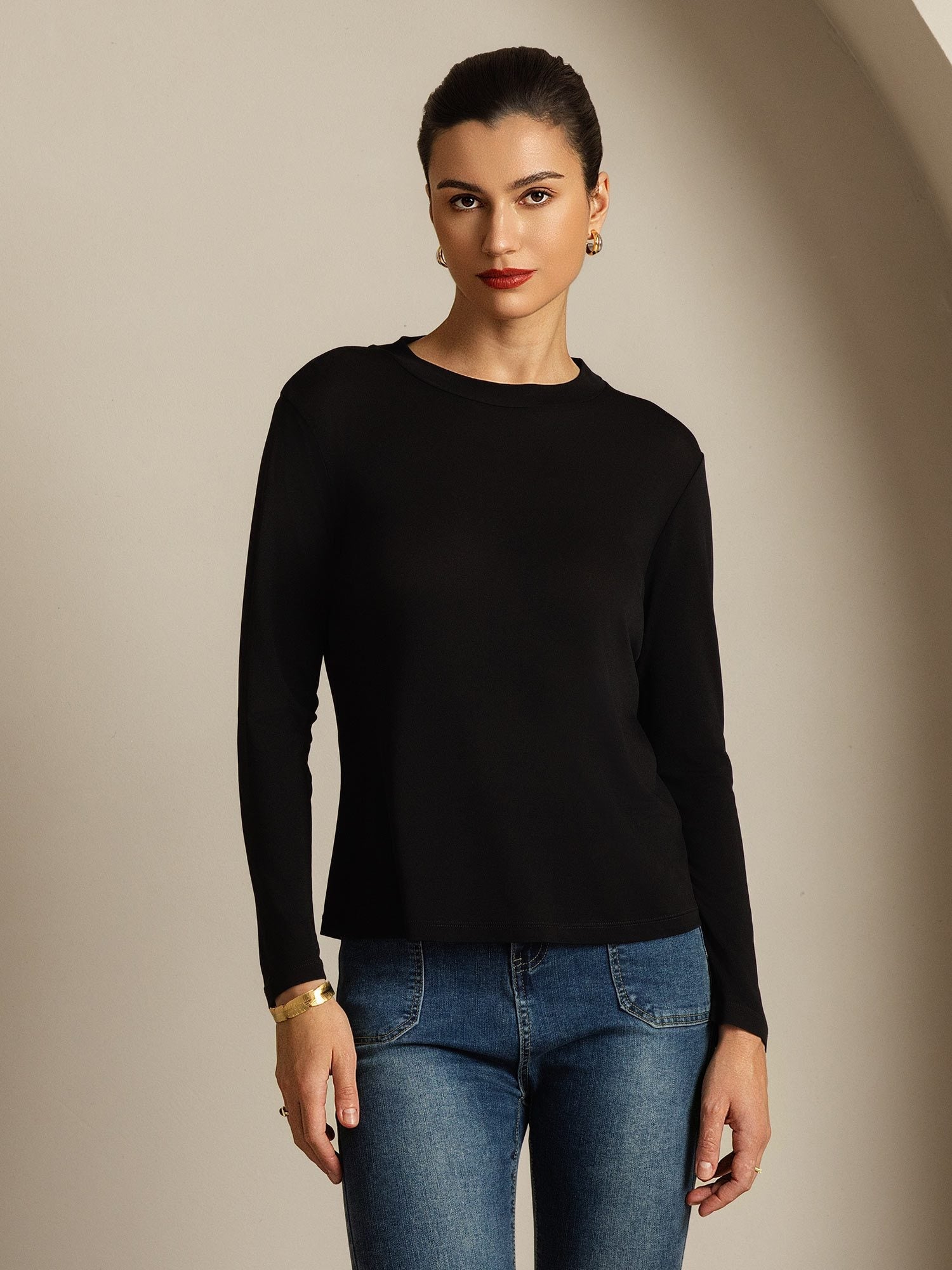 [Black] SilkSilky-UK 100% Silk Jersey Long Sleeve Crew Neck Women's T-Shirt 005