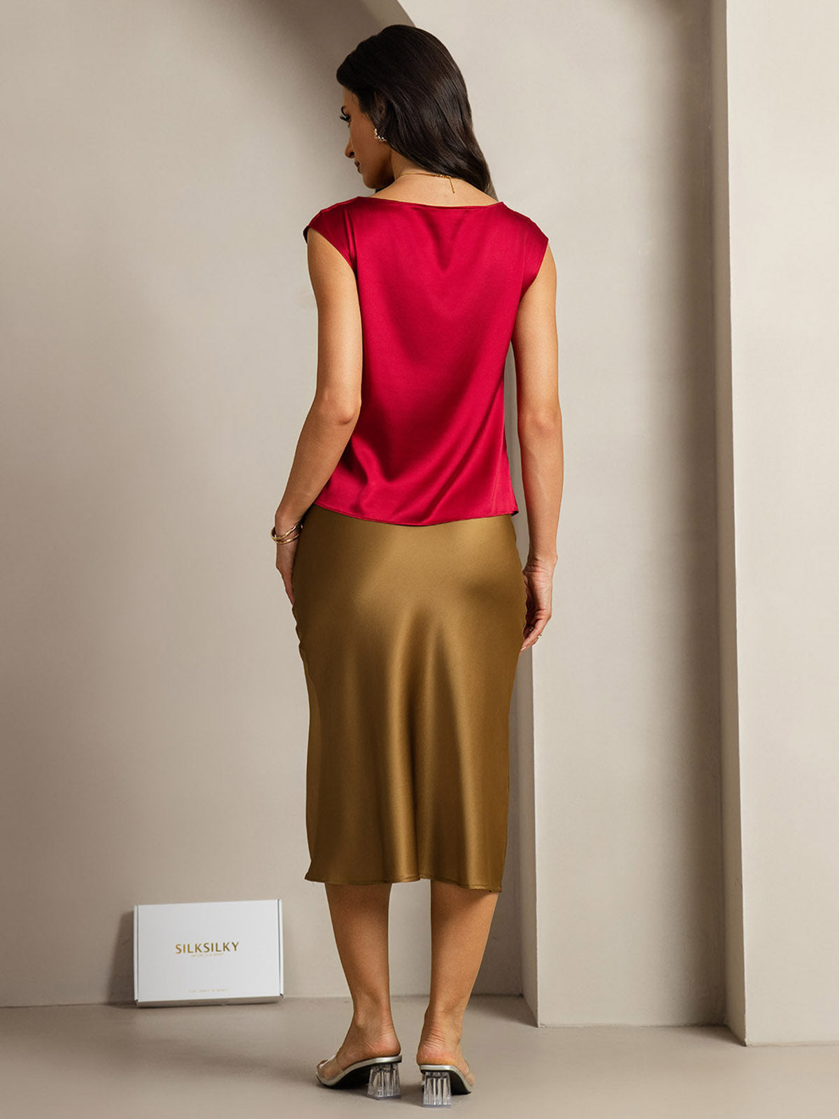 [Wine] SilkSilky-UK 19Momme Silk Cap Sleeve Cowl Neck Women's T-Shirt 002