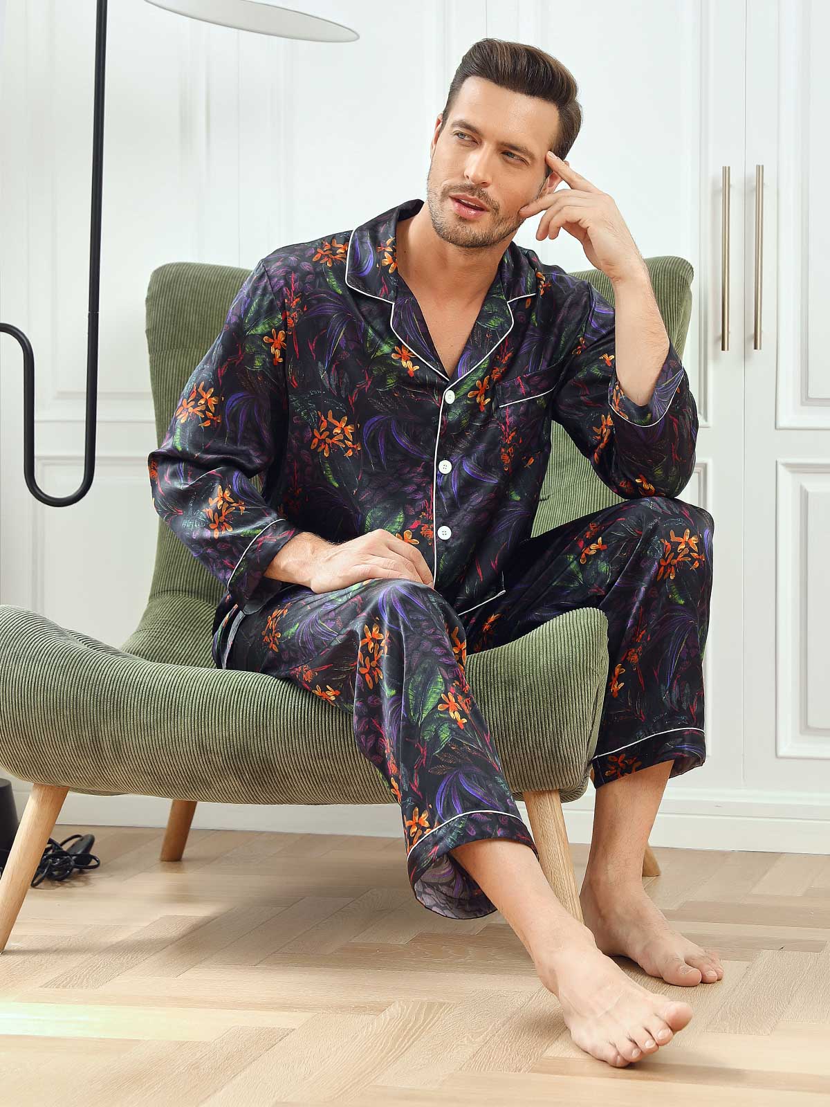 SilkSilky UK Pure Silk Long Sleeve Lapel Men's Pyjamas Multi 001