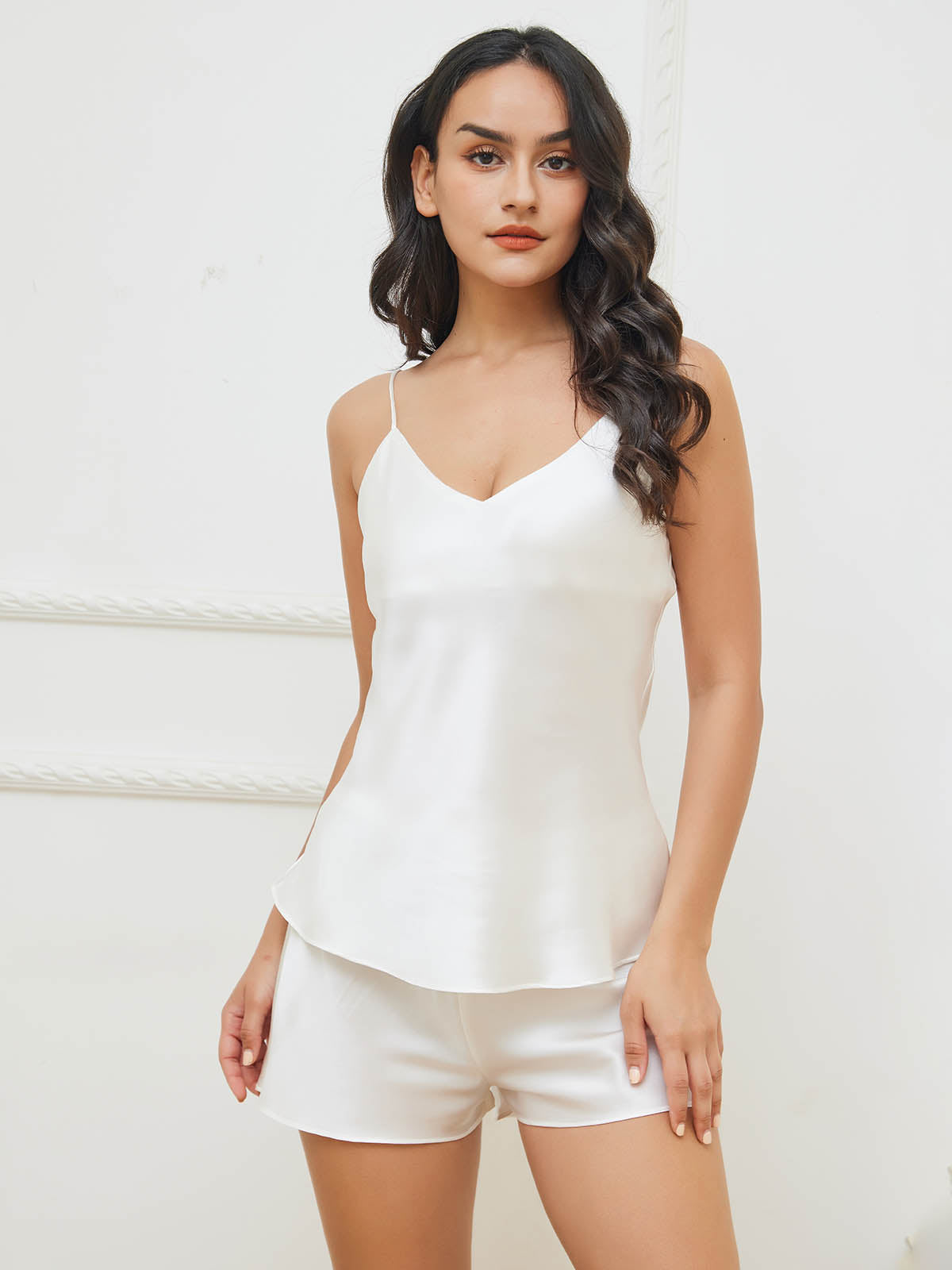 SilkSilky-UK Pure Silk Sleeveless V Neck Camisole Set White 003