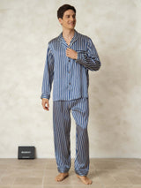[Navy Stripe] SilkSilky-UK 19Momme Pure Silk Mens Pajamas 007,