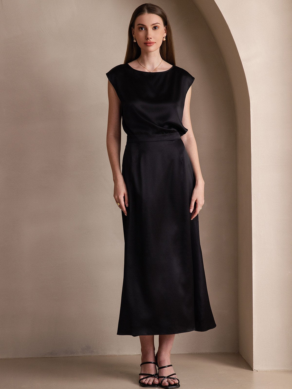 [Black] SilkSilky-UK 19Momme Stretch Silk Charmeuse Skirt 001