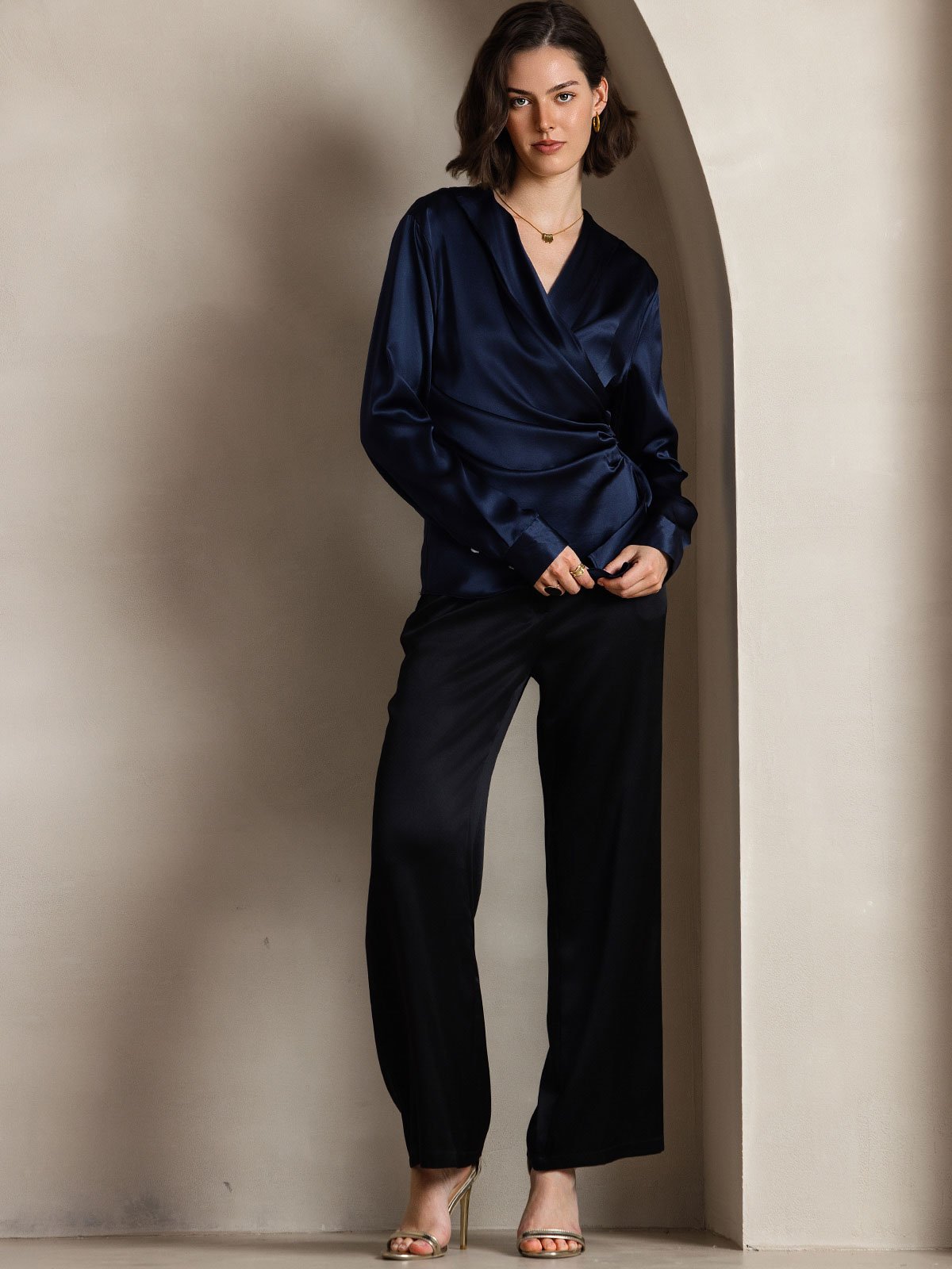 [Dark Blue] SilkSilky-UK 19Momme Silk Long Sleeve V Neck Women's Shirt 006