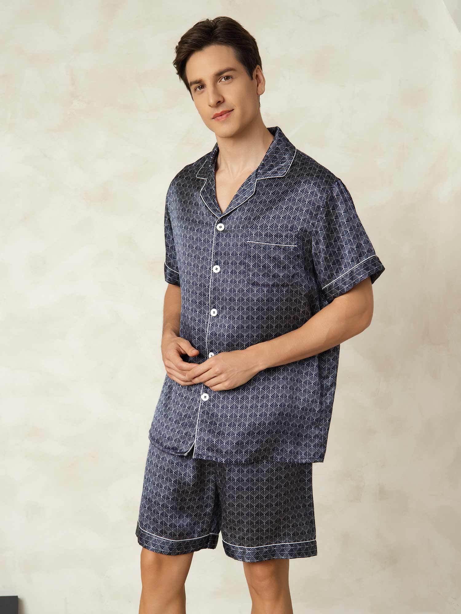 [NavyGinkgo] SilkSilky-UK Pure Silk Collar Men's Pyjamas 003