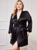 SilkSilky-UK Pure Silk Long Sleeve V Neck Plus Size Dressing Gown Black 004