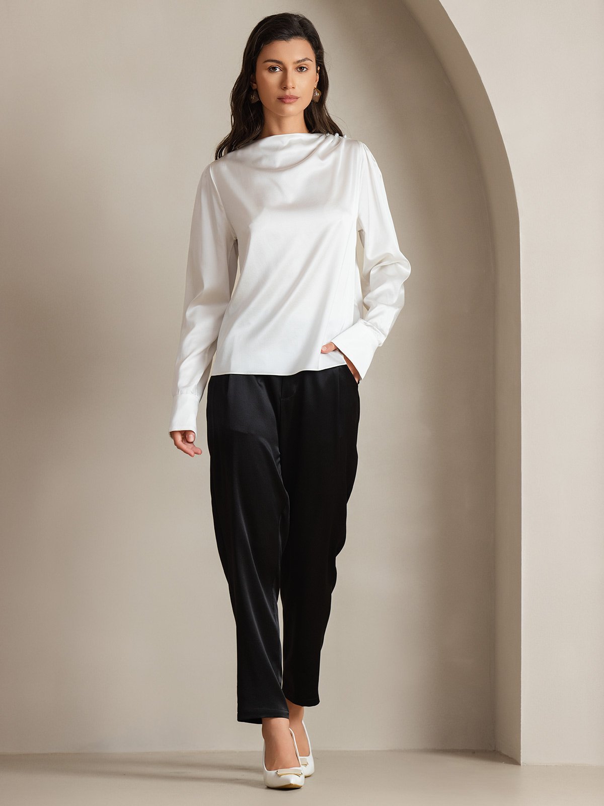 [White] SilkSilky-UK 19Momme Silk Boat Neck Women's Shirt 007