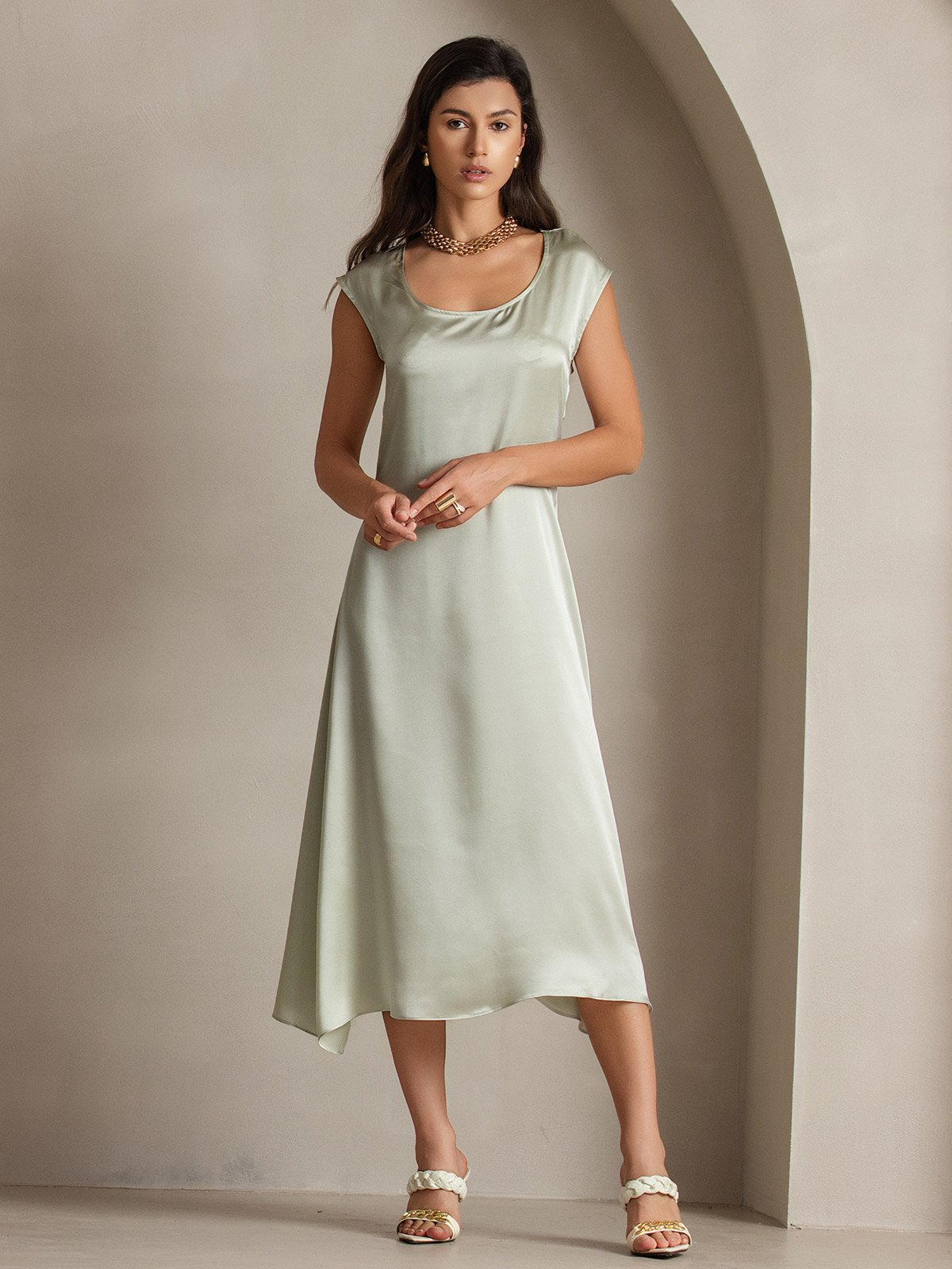 [Light Green] SilkSilky-UK 19Momme Silk Cap Sleeve Round Neck Dress 005