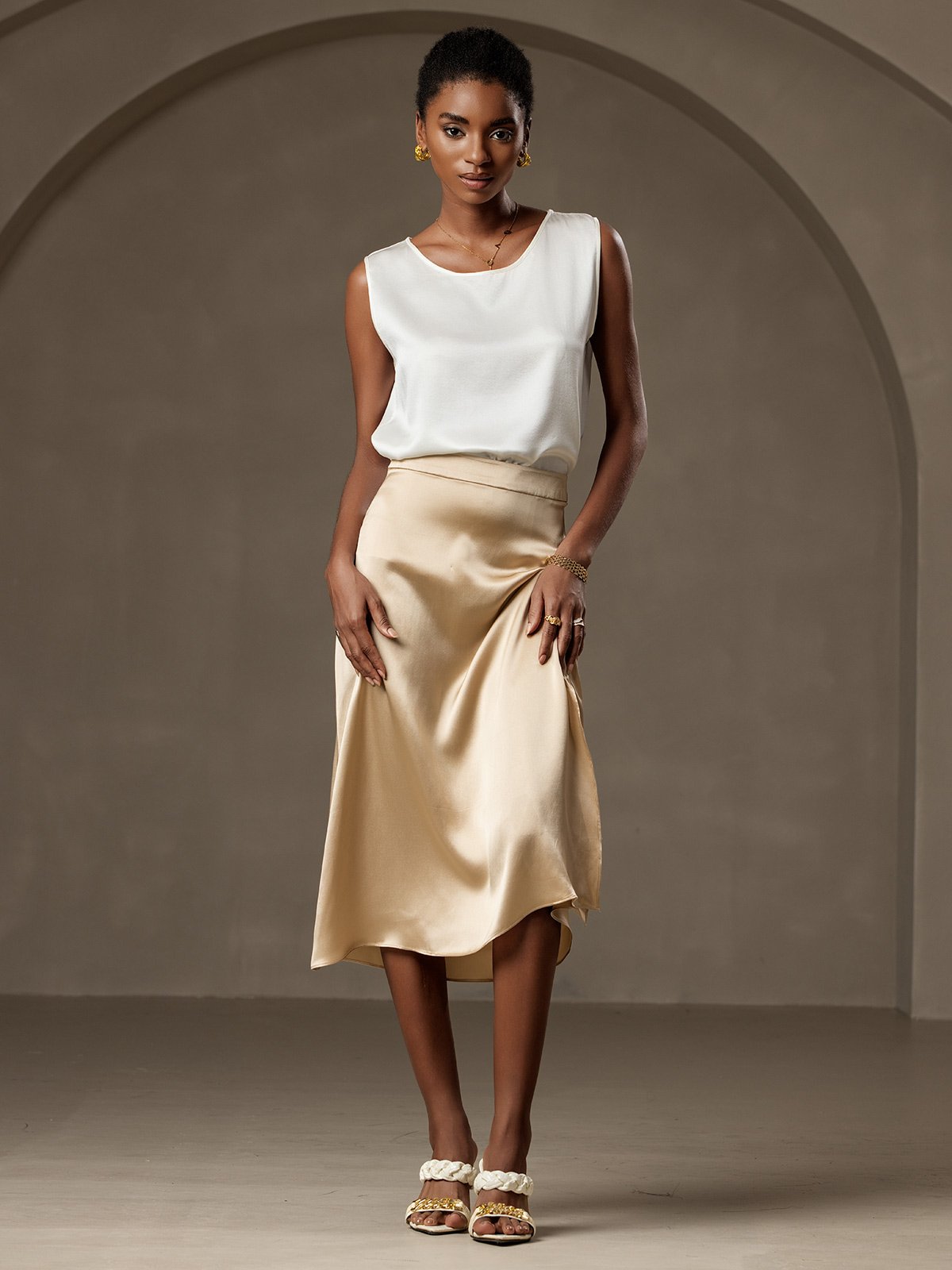 [White] SilkSilky-UK 19Momme Silk Round Neck Camisole 006