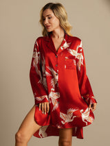 [Dark Red] SilkSilky-UK Long Sleeve Lapel Collar Nightshirt 005