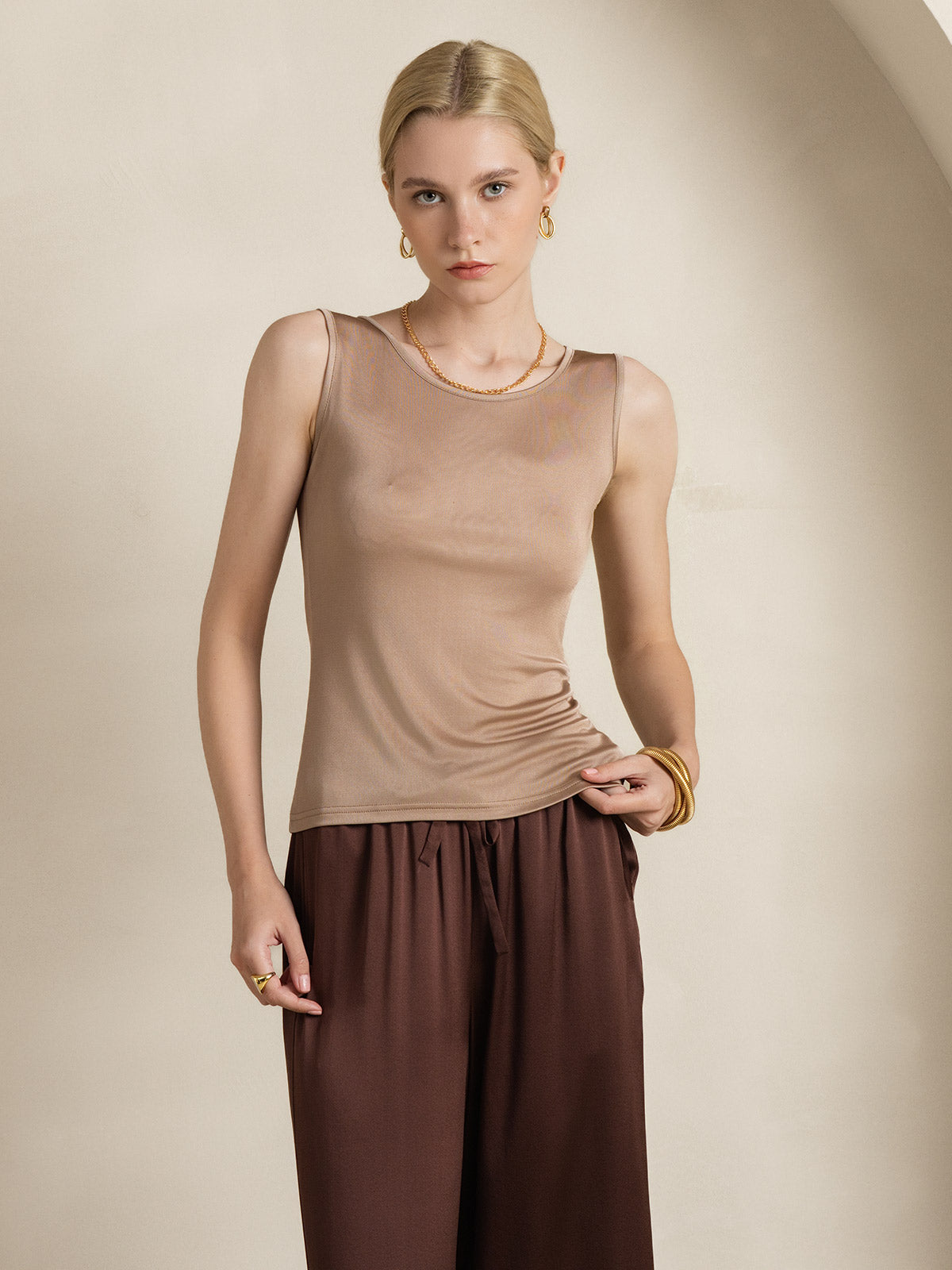 [Coffee] SilkSilky-UK Silk Knitted Sleeveless Round Neck Women's T-Shirt 006