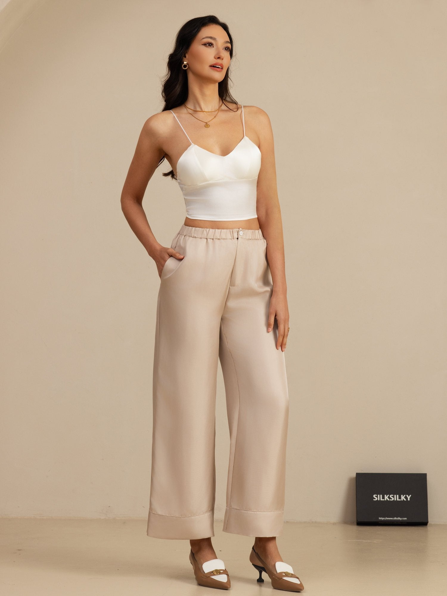 [Tan] SilkSilky-UK 18Momme Silk Satin Surah Womens Pants 006