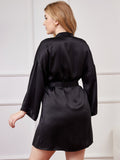 SilkSilky-UK Pure Silk Long Sleeve V Neck Plus Size Dressing Gown Black 002