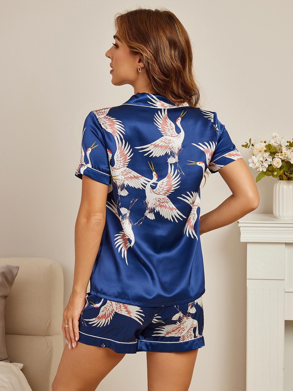 [Dark Blue] SilkSilky-UK Short Sleeve Lapel Collar Women's Pyjamas 002