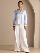 [Sky Blue] SilkSilky-UK Long Sleeve Split Women's Blouse 006